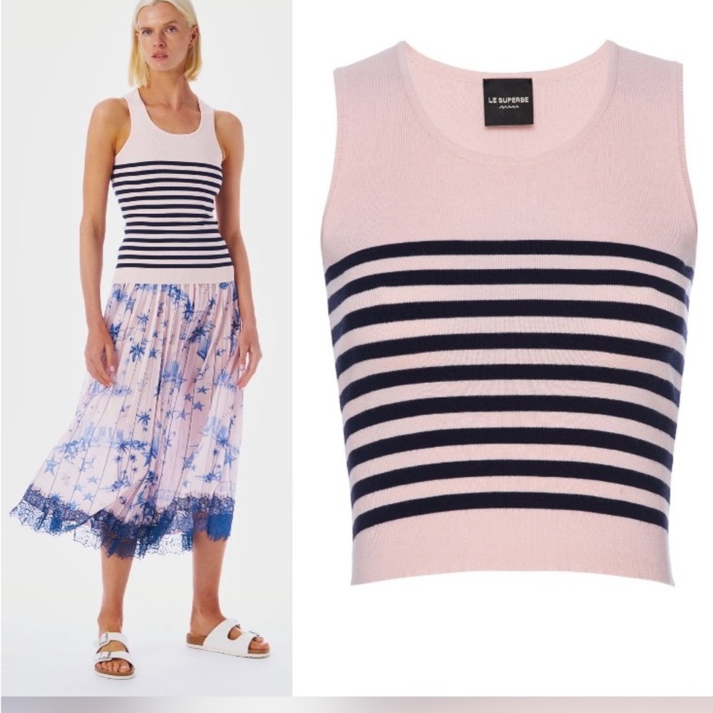 Le Superbe Tanks A Lot Pink and Navy Striped Tank Top NWT